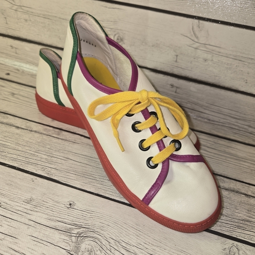 Arche France Colorblock Leather Sneakers White Multicolor Trim Lace-Up 37